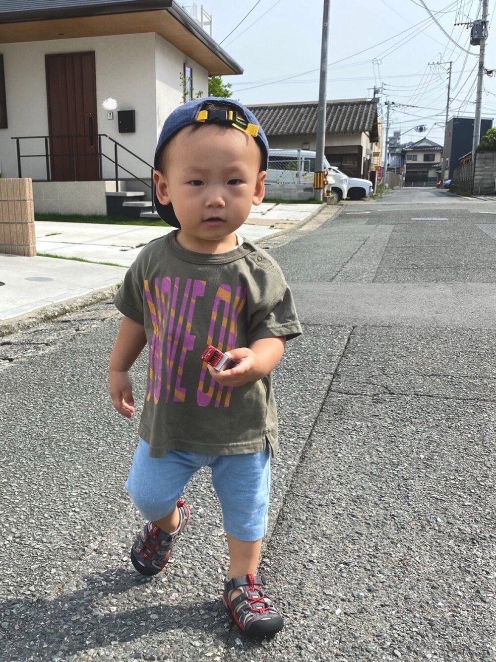 「おとこのこ、1歳3ヶ月」｜「こども ビームスのKEEN / SeacampⅡTO 20（12.5～14.5cm）（サンダル、グレー系）」を使った、pooh❁¨̮sukeさん（キッズ・80cm）の夏コーディネートの1枚目の写真
