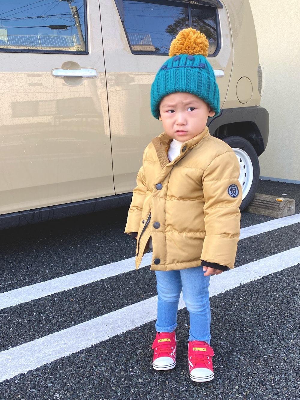 「おとこのこ、1歳9ヶ月、保育園コーデ」｜「BEAMS BOYのアイテム（帽子、ブルー系）」を使った、pooh❁¨̮sukeさん（キッズ・80cm）の冬コーディネートの1枚目の写真