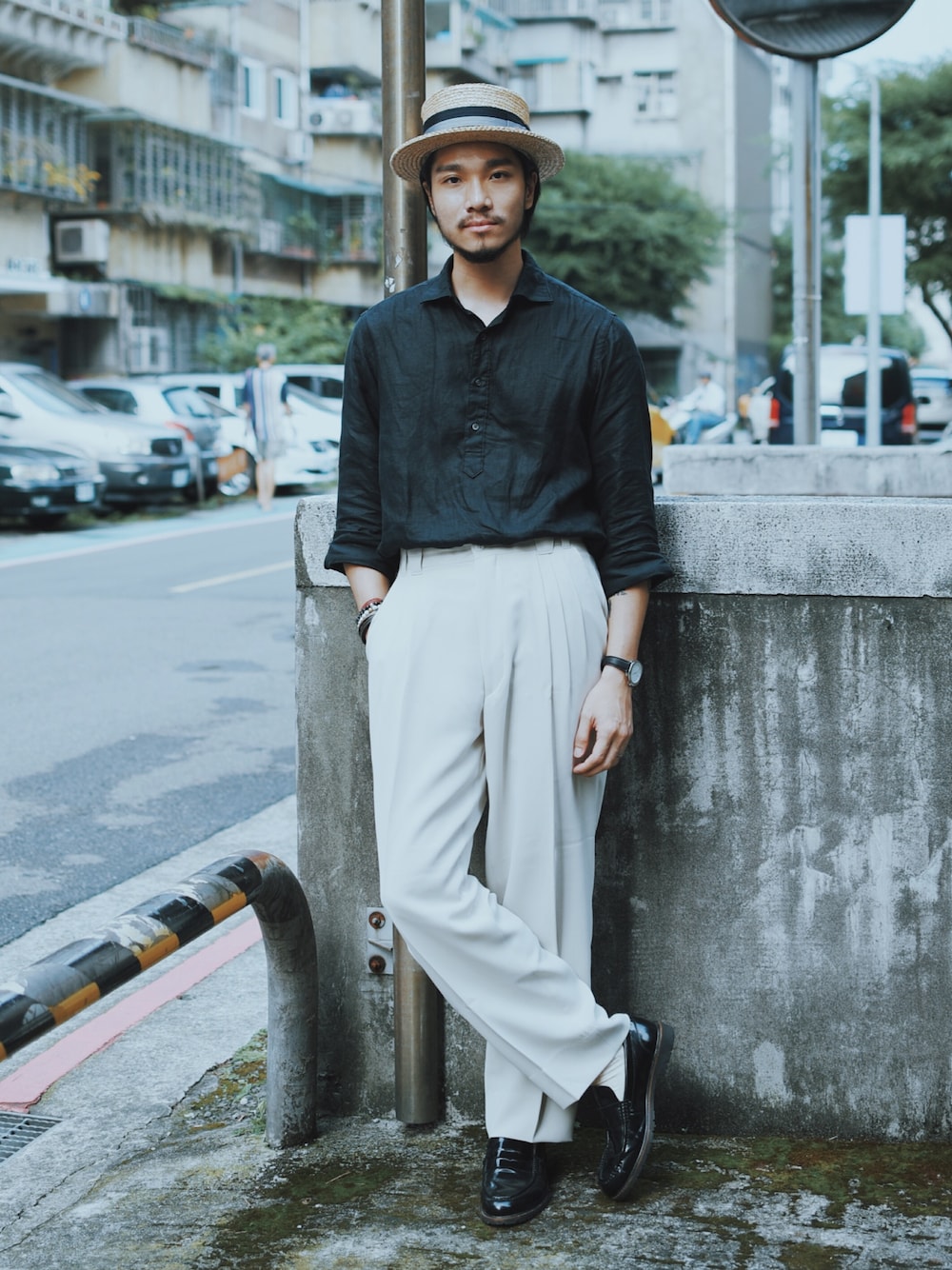 「summer、ootd、BROOKS BROTHERS、vintage、Chainloop、圈入、圈入準、大人カジュアル」｜「BROOKS BROTHERSのアイテム（ハット、ベージュ系）」を使った、林育準🇹🇼さん（メンズ・180cm）の夏コーディネートの1枚目の写真