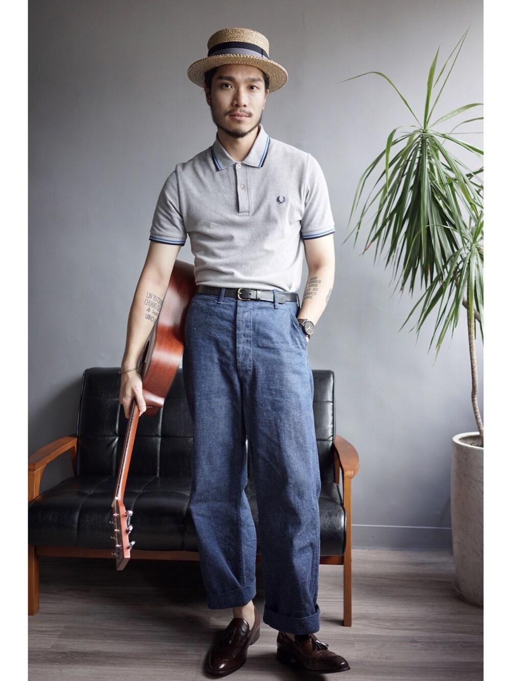 「BROOKS BROTHERS、FRED PERRY、Chainloop、大人カジュアル、圈入、圈入準」｜「BROOKS BROTHERSのアイテム（ハット、ベージュ系）」を使った、林育準🇹🇼さん（メンズ・180cm）の夏コーディネートの1枚目の写真