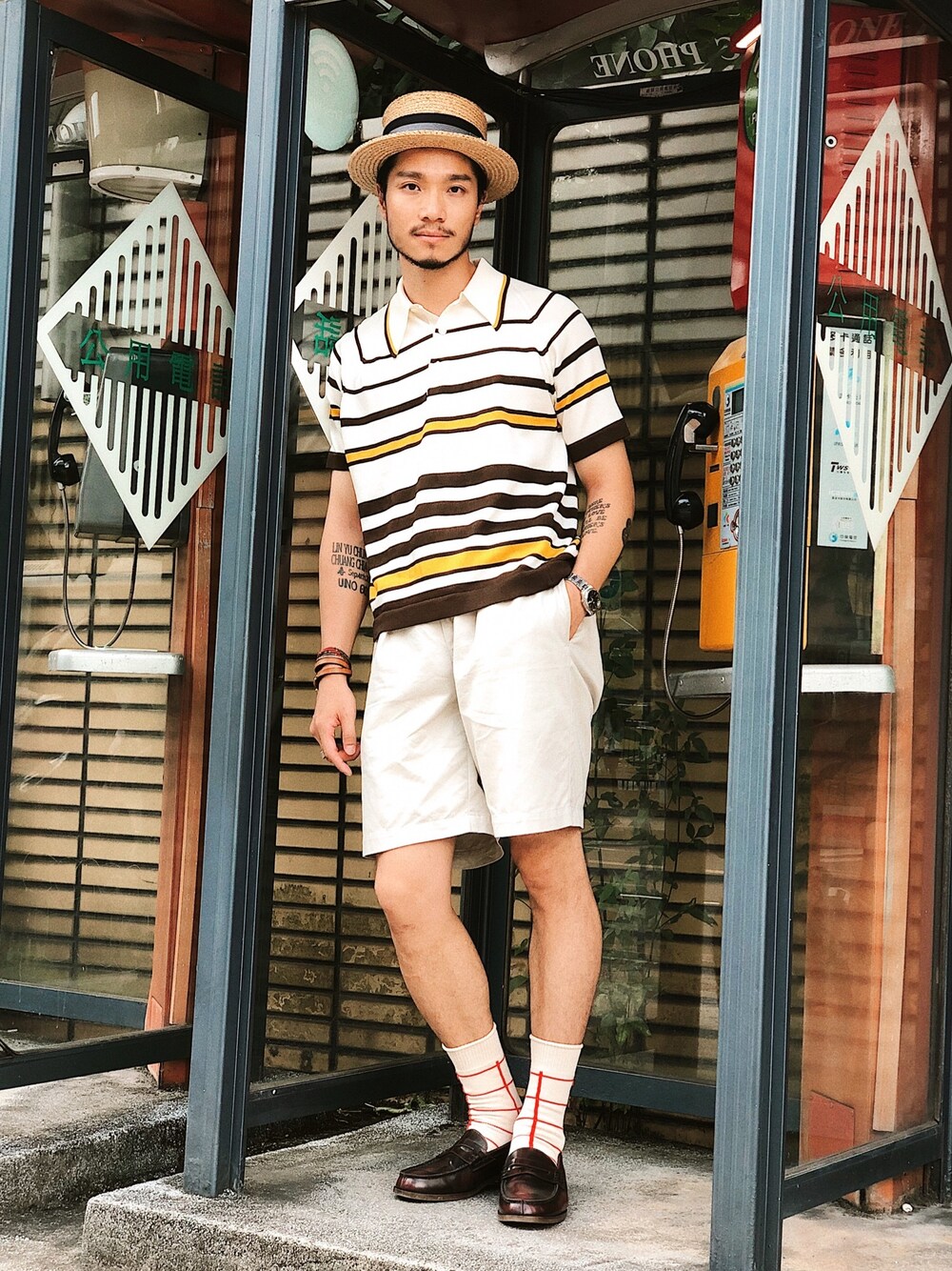 「summer、Chainloop、HARUTA、boaterhat、BROOKS BROTHERS、圈入、圈入準、夏コーデ、大人カジュアル」｜「BROOKS BROTHERSのアイテム（ハット、ベージュ系）」を使った、林育準🇹🇼さん（メンズ・180cm）の夏コーディネートの1枚目の写真