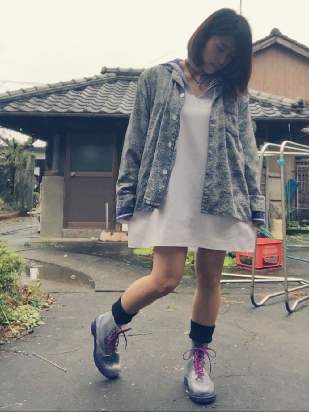 「セーラー服、ドイツ軍、レインブーツ、マリン、軍物、ワンピース、セーラーワンピース、military、ペイズリー、sailor」｜「Handmadeのturquoise & pearl（ネックレス、ブルー系）」を使った、sailさん（レディース・163cm）の秋コーディネートの1枚目の写真