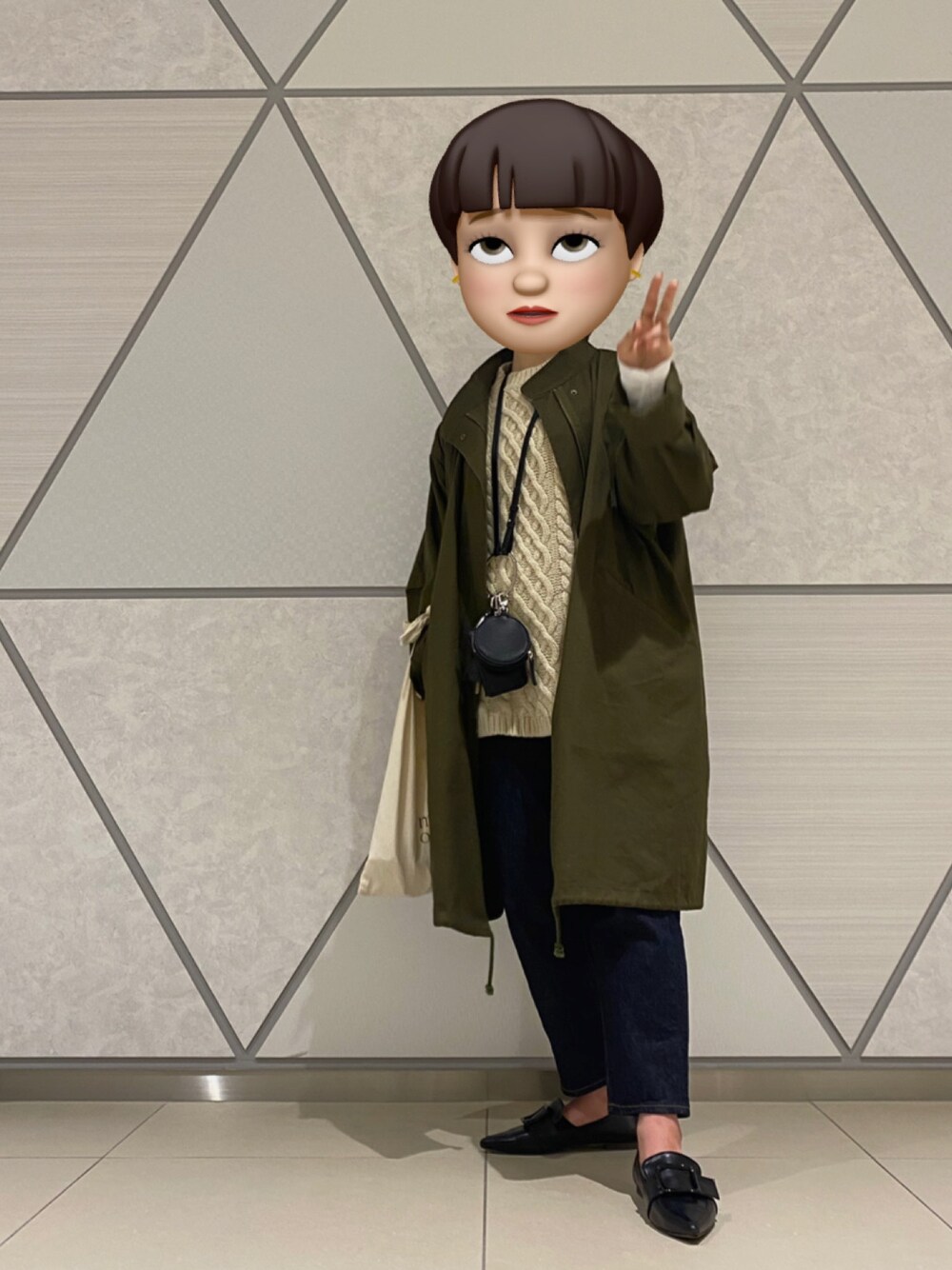 「春コーデ、お花見、モッズコート、デニムパンツ、マルチポーチ、プチプラ」｜「kutirのミリタリーモッズコート（ミリタリージャケット、グリーン系）」を使った、yuiさん（レディース・160cm）の春コーディネートの1枚目の写真
