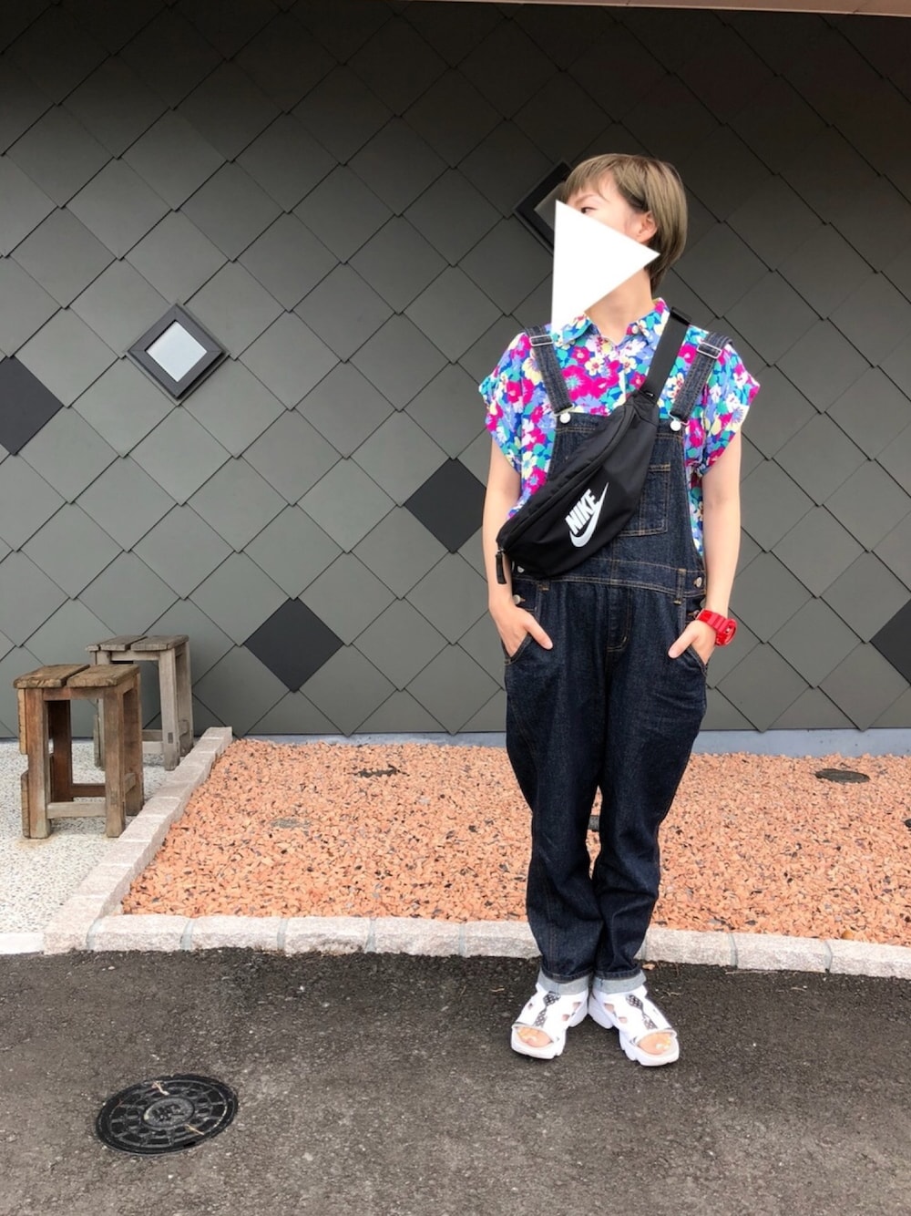 「アロハシャツ、ミルクフェド、summer、おしゃれさんと繋がりたい、ママファッション、プチプラコーデ、エックスガール、金髪ショート、オールインワン」｜「MILKFED.のアイテム（シャツ/ブラウス、その他）」を使った、okayuさん（レディース・153cm）の夏コーディネートの1枚目の写真