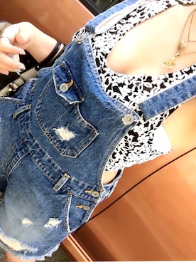 「MOUSSY（マウジー）のアイテム（サロペット/オーバーオール）」を使った、panic-ponicさん（レディース・154cm）の夏コーディネート