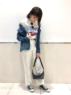 「ドットパンツ」｜「アイテム（デニムジャケット）」を使った、*･Risa･*さん（レディース・163cm）の春コーディネート