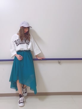 「earth music&ecology（アースミュージックアンドエコロジー）のツイルキャップ（キャップ、パープル系）」を使った、Reina...iさん（レディース・154cm）の春コーディネート