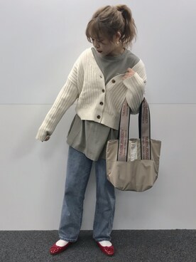 「one after another NICE CLAUP（ワンアフターアナザーナイスクラップ）のラメ入りリブニットカーディガン（カーディガン/ボレロ、ホワイト系）」を使った、な のさん（レディース・157cm）の秋コーディネート