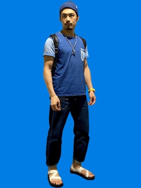 「BLUE BLUE（ブルーブルー）のアイテム（Tシャツ/カットソー）」を使った、KOJIさん（メンズ・174cm）の夏コーディネート