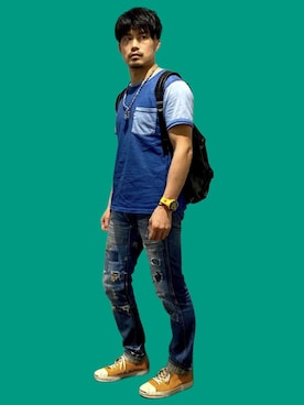 「BLUE BLUE（ブルーブルー）のアイテム（Tシャツ/カットソー）」を使った、KOJIさん（メンズ・174cm）の春コーディネート