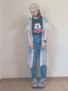 「ミッキー」｜「アイテム（キャスケット）」を使った、k.m♡mamaさん（レディース・157cm）の夏コーディネート
