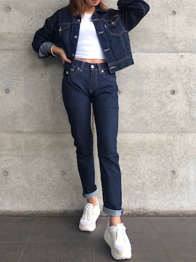 「ワントーンコーデ」｜「アイテム（デニムジャケット）」を使った、RISAさん（レディース・174cm）の秋コーディネート