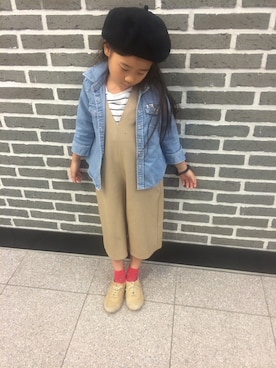 「アイテム（つなぎ/オールインワン、ベージュ系）」を使った、swさん（キッズ・110cm）の秋コーディネート