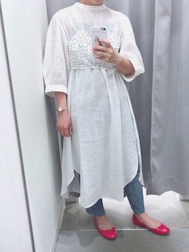 「ノーカラーシャツ」｜「アイテム（シャツワンピース）」を使った、ぎんこさん（レディース・153cm）の夏コーディネート