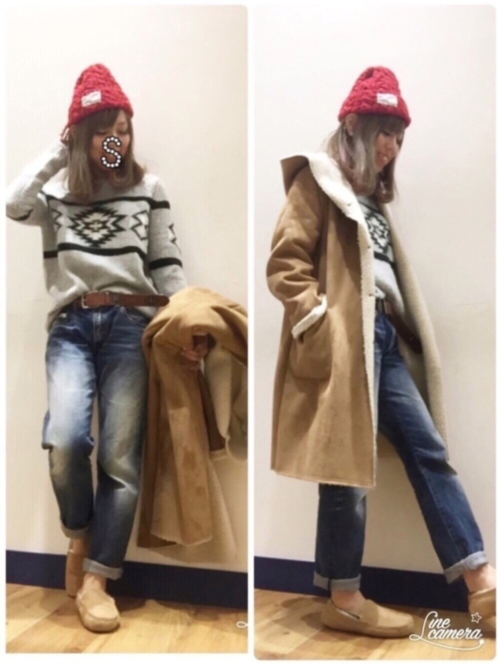 グレー系のニット/セーター、ベージュ系のムートンコート、ブルー系のデニムパンツを着用したレディースの冬コーディネートの1枚目の写真