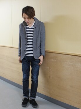 「ボーダーTシャツ」｜「アイテム（ノーカラージャケット）」を使った、オリナス錦糸町HIDEAWAYSさん（メンズ・175cm）の冬コーディネート