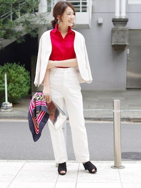 「半袖シャツ」｜「アイテム（ノーカラージャケット）」を使った、MWさん（レディース・160cm）の夏コーディネート