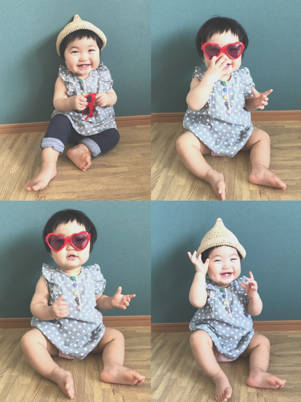 「お出かけコーデ、ベビーコーデ、こどもコーデ、女の子コーデ、9ヶ月、トンガリ帽子、グラサン、むちむち、前髪ぱっつん」｜「UNIQLOのアイテム（デニムパンツ、ブルー系）」を使った、あっちゃんさん（キッズ・70cm）の夏コーディネートの1枚目の写真
