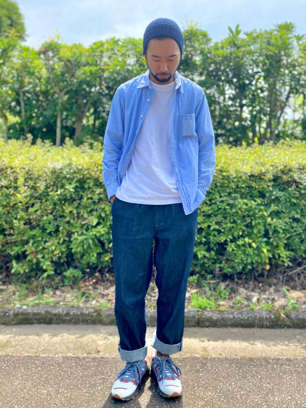「今日のコーデ、大人カジュアル、ootd、ワイドパンツ、デニム、Right-on、ライトオン、アメカジ」｜「HANESの【Hanes】BEEFY-T クルーネック無地半袖Tシャツ（Tシャツ/カットソー、グレー系）」を使った、kjsaaanさん（メンズ・170cm）の夏コーディネートの1枚目の写真
