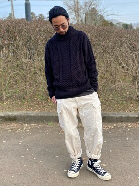 「Champion（チャンピオン）のアイテム（帽子）」を使った、kjsaaanさん（メンズ・170cm）の冬コーディネート