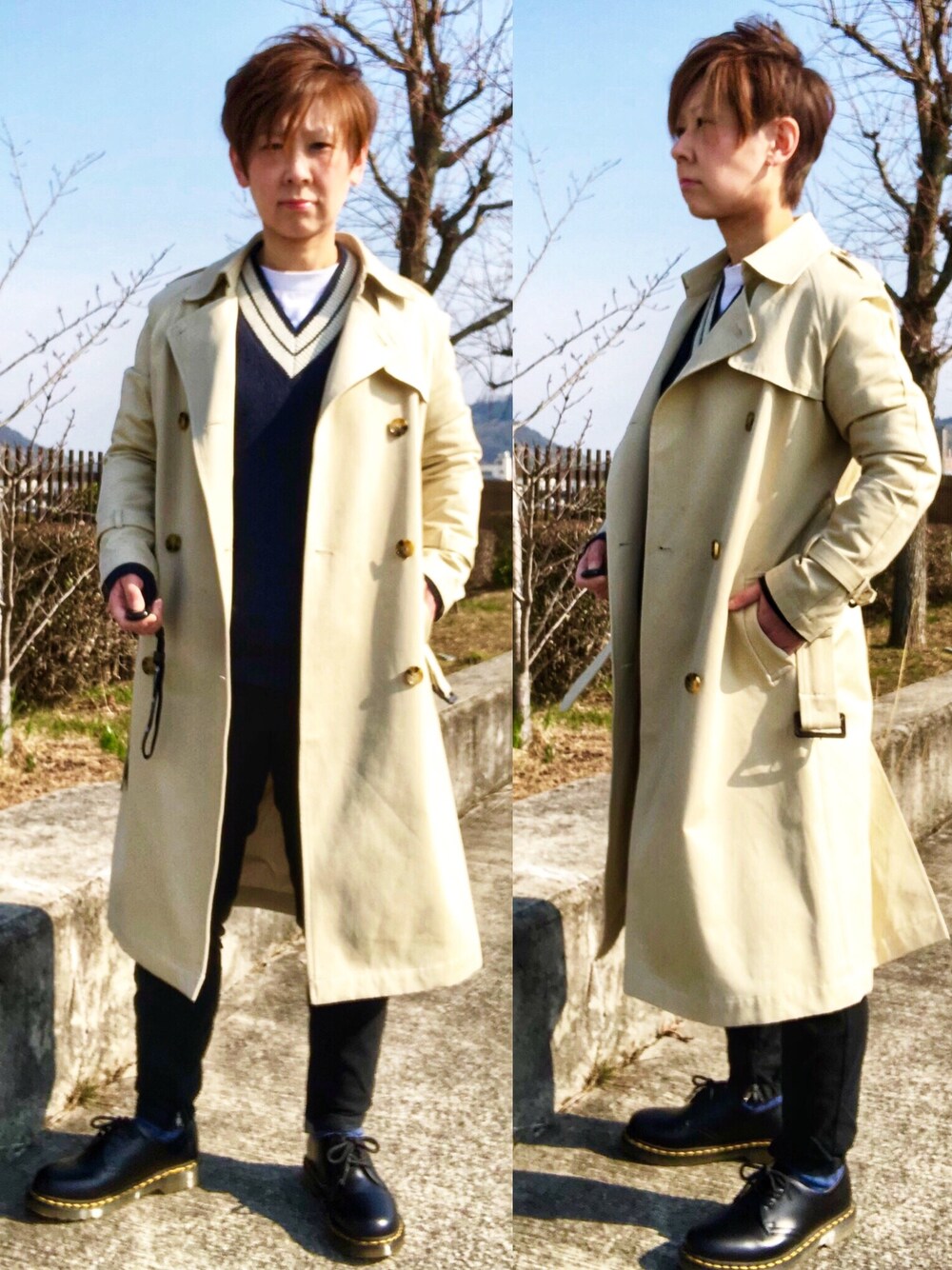 「春、春コーデ、トレンチコート、チルデンニット、きれいめカジュアル」｜「DenimeのTRENCH COAT/トレンチコート（トレンチコート、ベージュ系）」を使った、Tommyさん（レディース・160cm）の春コーディネートの1枚目の写真