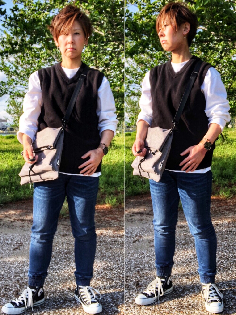 「シンプルコーデ、休日スタイル、シンプル、ニットベスト、コンバース」｜「URBAN RESEARCH ROSSO MENのウォッシャブルニットベスト（ベスト、ブラック系）」を使った、Tommyさん（レディース・160cm）の春コーディネートの1枚目の写真