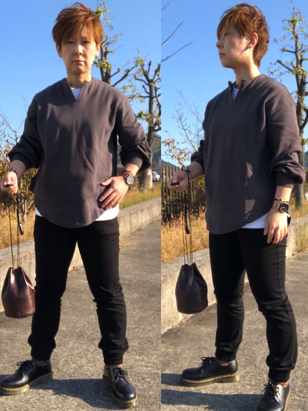 「大人カジュアル、カットソー、綺麗目、ドクターマーチン、STUDIOUS、ジョガーパンツ、シンプル、シンプルコーデ」｜「STUDIOUSの【STUDIOUS】フロントスリット ハニカムサーマル プルオーバー（Tシャツ/カットソー、グレー系）」を使った、Tommyさん（レディース・160cm）の秋コーディネートの1枚目の写真