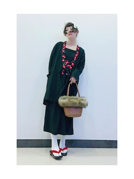 「VINTAGE（ヴィンテージ）のアイテム（かごバッグ）」を使った、yukoさん（レディース・167cm）の秋コーディネート