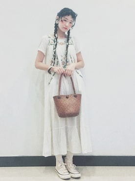 「VINTAGE（ヴィンテージ）のアイテム（かごバッグ）」を使った、yukoさん（レディース・167cm）の夏コーディネート