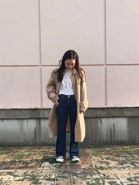 「JUNRED（ジュンレッド）のアイテム（ステンカラーコート）」を使った、yazakiさん（レディース・156cm）の春コーディネート