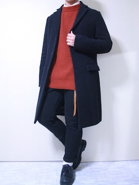 「テラコッタ」｜「アイテム（チェスターコート）」を使った、ぜっきーさん（メンズ・166cm）の秋コーディネート