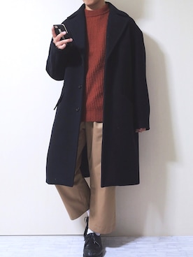 「テラコッタ」｜「アイテム（チェスターコート）」を使った、ぜっきーさん（メンズ・166cm）の冬コーディネート
