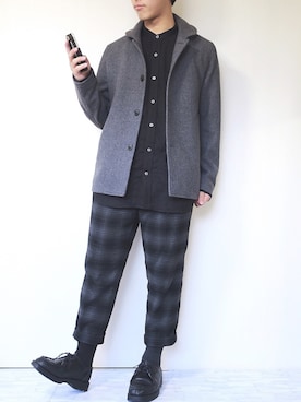 「ノーカラーシャツ」｜「アイテム（その他アウター）」を使った、ぜっきーさん（メンズ・166cm）の冬コーディネート