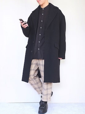 「ノーカラーシャツ」｜「アイテム（チェスターコート）」を使った、ぜっきーさん（メンズ・166cm）の冬コーディネート
