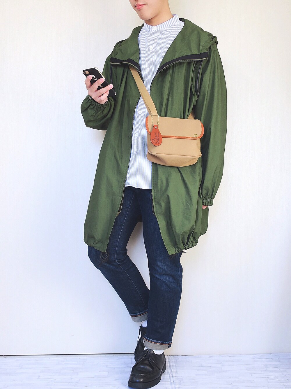 「モッズコート、カーキ、niko and ...、ストライプシャツ、Danton、zozoデニム、革靴、BRADY、春、はるコーデ」｜「niko and...のフィールドパーカー（その他アウター、グリーン系）」を使った、ぜっきーさん（メンズ・166cm）の春コーディネートの1枚目の写真