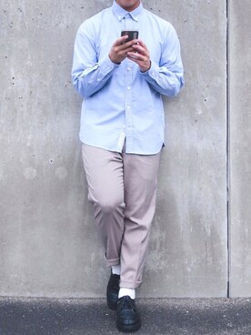 「サックスブルー」｜「アイテム（その他シューズ）」を使った、ぜっきーさん（メンズ・166cm）の秋コーディネート