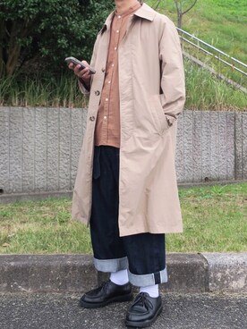 「ノーカラーシャツ」｜「アイテム（ステンカラーコート）」を使った、ぜっきーさん（メンズ・166cm）の秋コーディネート