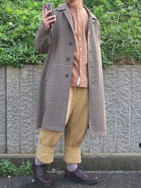 「ノーカラーシャツ」｜「アイテム（ステンカラーコート）」を使った、ぜっきーさん（メンズ・166cm）の秋コーディネート