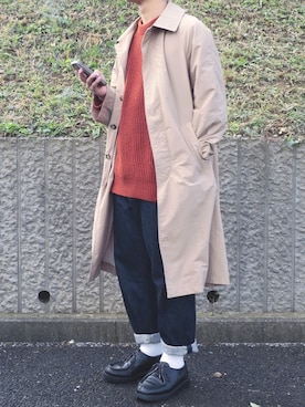 「テーパードデニム」｜「アイテム（ステンカラーコート）」を使った、ぜっきーさん（メンズ・166cm）の秋コーディネート