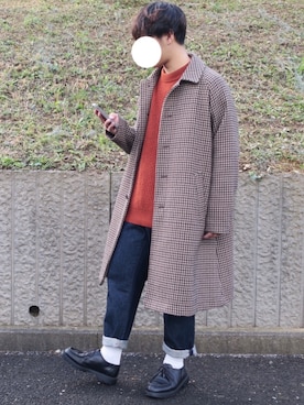 「テーパードデニム」｜「アイテム（ステンカラーコート）」を使った、ぜっきーさん（メンズ・166cm）の冬コーディネート
