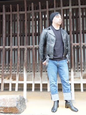 「beautiful people（ビューティフルピープル）のアイテム（ライダースジャケット）」を使った、英伸さん（メンズ・171cm）の冬コーディネート