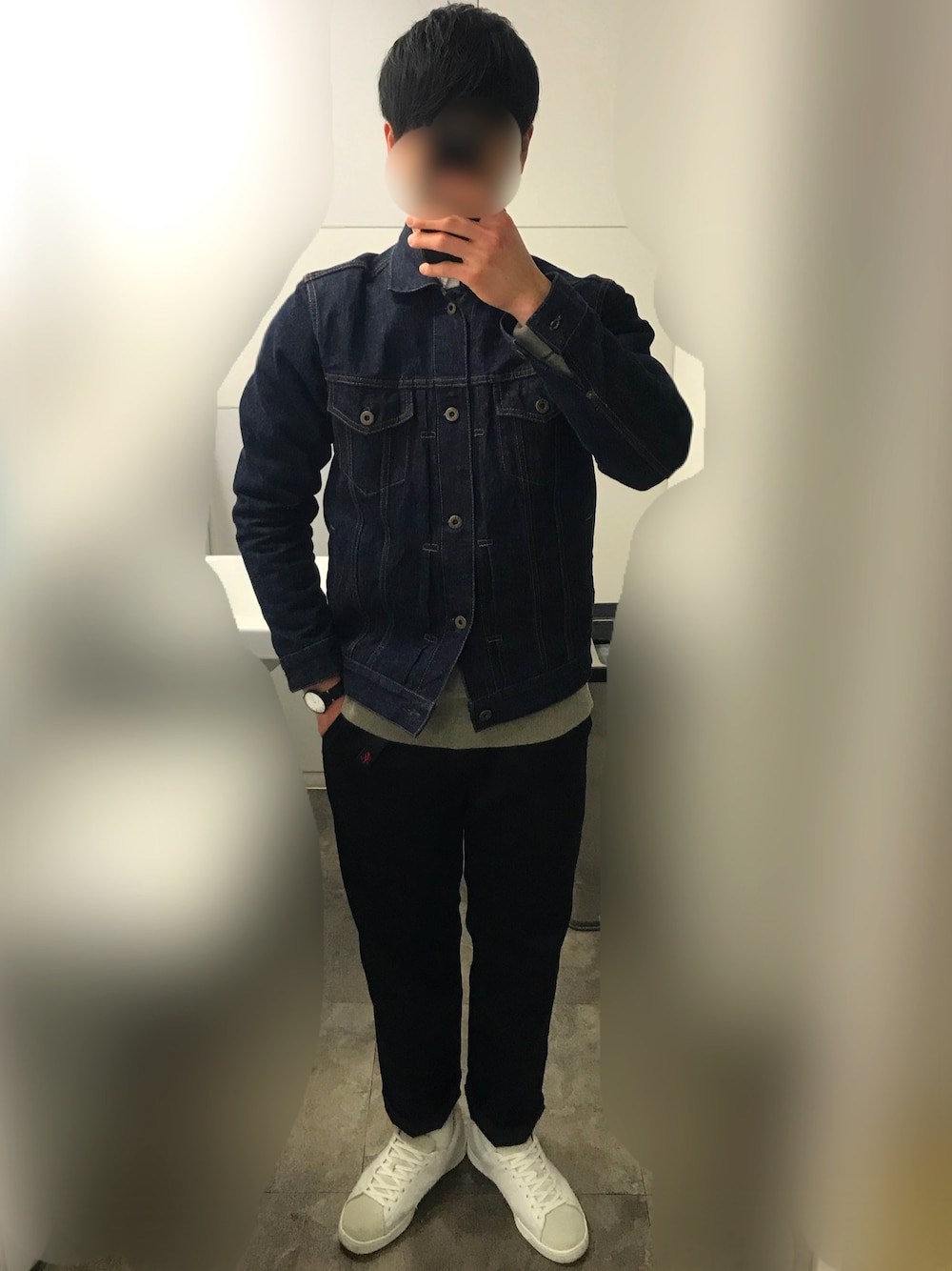 「JAPANBLUEJEANS、jonhbull、GRAMICCI、Dickies、PUMA、puma suede、pumasuede50、PUMA STATES、Hanes、knot」｜「JAPAN BLUE JEANSのアイテム（デニムジャケット、ブルー系）」を使った、とーるさん（メンズ・171cm）の冬コーディネートの1枚目の写真