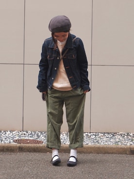 「カーゴパンツコーデ」｜「アイテム（ハンチング/ベレー帽）」を使った、ユウキさん（レディース・150cm）の春コーディネート