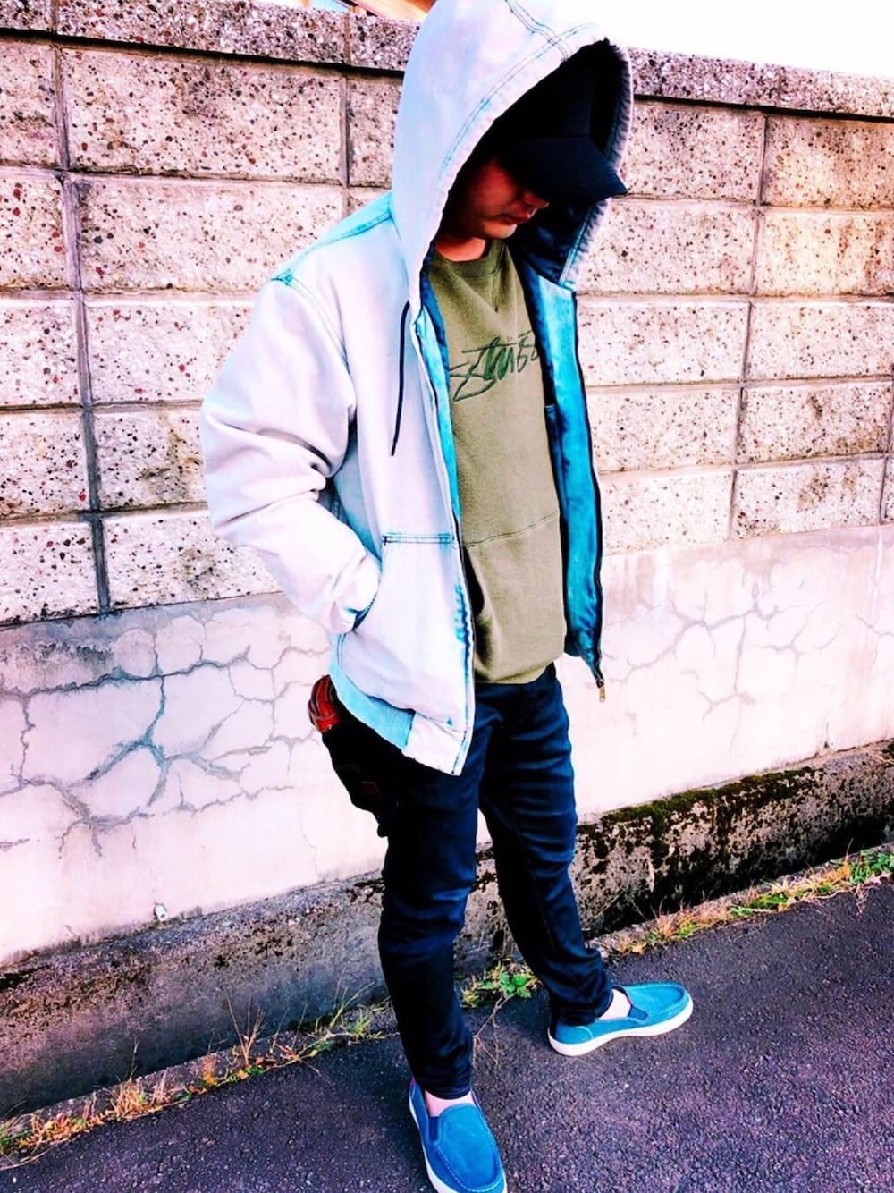 「おしゃれさんと繋がりたい、秋コーデ、stussy、Champion、フォロバ100％、いいね、save、フォローお願いします🤑、いいね返し」｜「Jungle Stormのアイテム（その他アウター、ブルー系）」を使った、ちょろぎa.k.aゆあパパさん（メンズ・165cm）の秋コーディネートの1枚目の写真