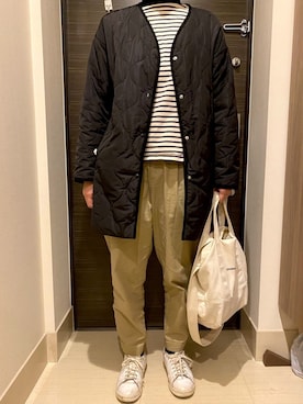 「GU（ジーユー）のアイテム（ノーカラージャケット）」を使った、ishi-yoさん（レディース・161cm）の冬コーディネート