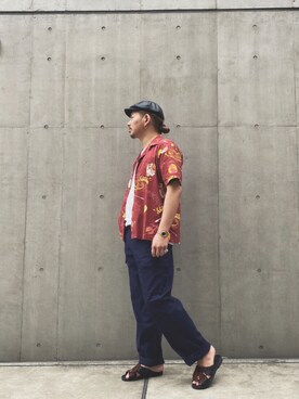 「schott（ショット）のSchott/ショット/HAWAIIAN SHIRT PLANET/ハワイアンシャツ プラネット（シャツ/ブラウス）」を使った、ミチさん（メンズ・182cm）の夏コーディネート