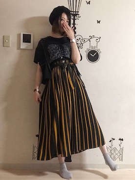 「柄×柄」｜「アイテム（ハンチング/ベレー帽）」を使った、ピザ子@ゆるーく更新さん（レディース・167cm）の夏コーディネート