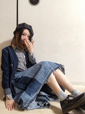 「デニムonデニム」｜「アイテム（ハンチング/ベレー帽）」を使った、ピザ子@ゆるーく更新さん（レディース・167cm）の秋コーディネート