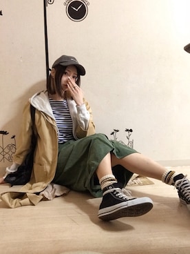 「CONVERSE（コンバース）のconverse コンバース ALL STAR HI オールスター ハイ 3206 BLACK(US)（スニーカー）」を使った、ピザ子@ゆるーく更新さん（レディース・167cm・30代）の春コーディネート