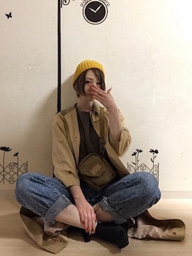 「ハンティングジャケット」｜「アイテム（ニットキャップ/ビーニー）」を使った、ピザ子@ゆるーく更新さん（レディース・167cm）の春コーディネート